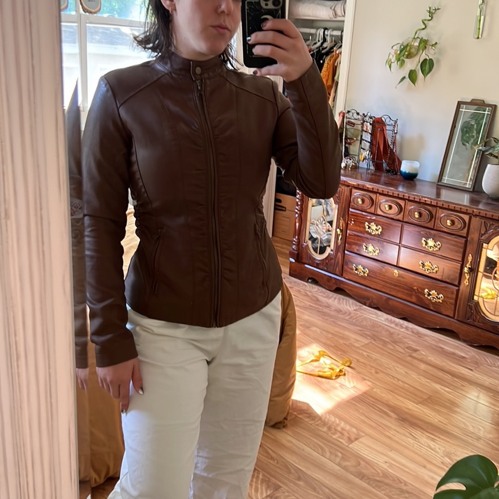 Brown Fitted Leather Jacket - image 2